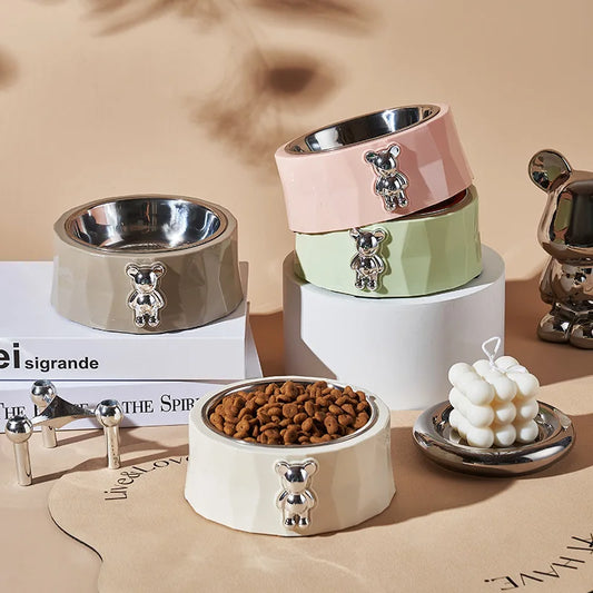 Tigela Antiderrapante de Aço Inox para Pets - Design Urso de Diamante, Ideal para Cães e Gatos