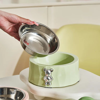 Tigela Antiderrapante de Aço Inox para Pets - Design Urso de Diamante, Ideal para Cães e Gatos